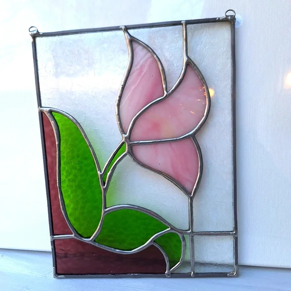 Vintage Stained Glass Window SunCatcher Flower Leaf Colorful Art Deco Abstract